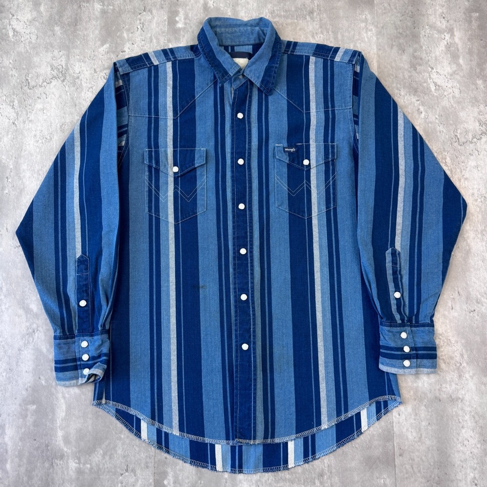 Vintage Wrangler Pearl Snap Shirt Mens M Blue Brushpopper Striped Denim Rodeo